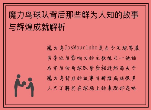 魔力鸟球队背后那些鲜为人知的故事与辉煌成就解析 魔力鸟球队背后那些鲜为人知的故事与辉煌成就解析
