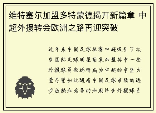 维特塞尔加盟多特蒙德揭开新篇章 中超外援转会欧洲之路再迎突破 维特塞尔加盟多特蒙德揭开新篇章 中超外援转会欧洲之路再迎突破