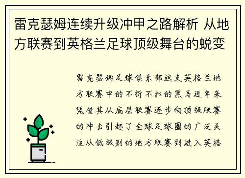 雷克瑟姆连续升级冲甲之路解析 从地方联赛到英格兰足球顶级舞台的蜕变 雷克瑟姆连续升级冲甲之路解析 从地方联赛到英格兰足球顶级舞台的蜕变