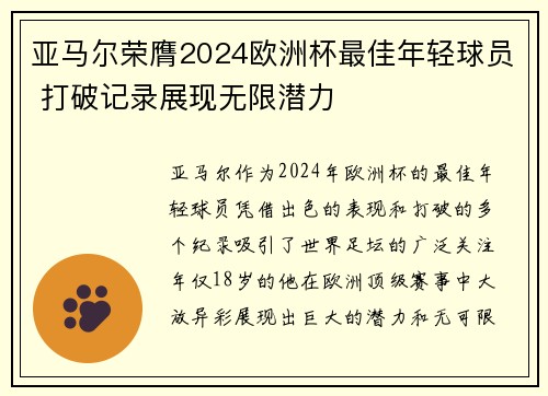 亚马尔荣膺2024欧洲杯最佳年轻球员 打破记录展现无限潜力