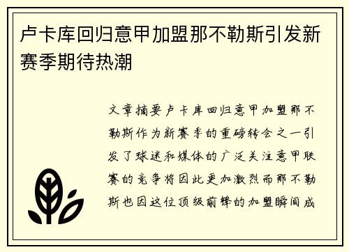 卢卡库回归意甲加盟那不勒斯引发新赛季期待热潮